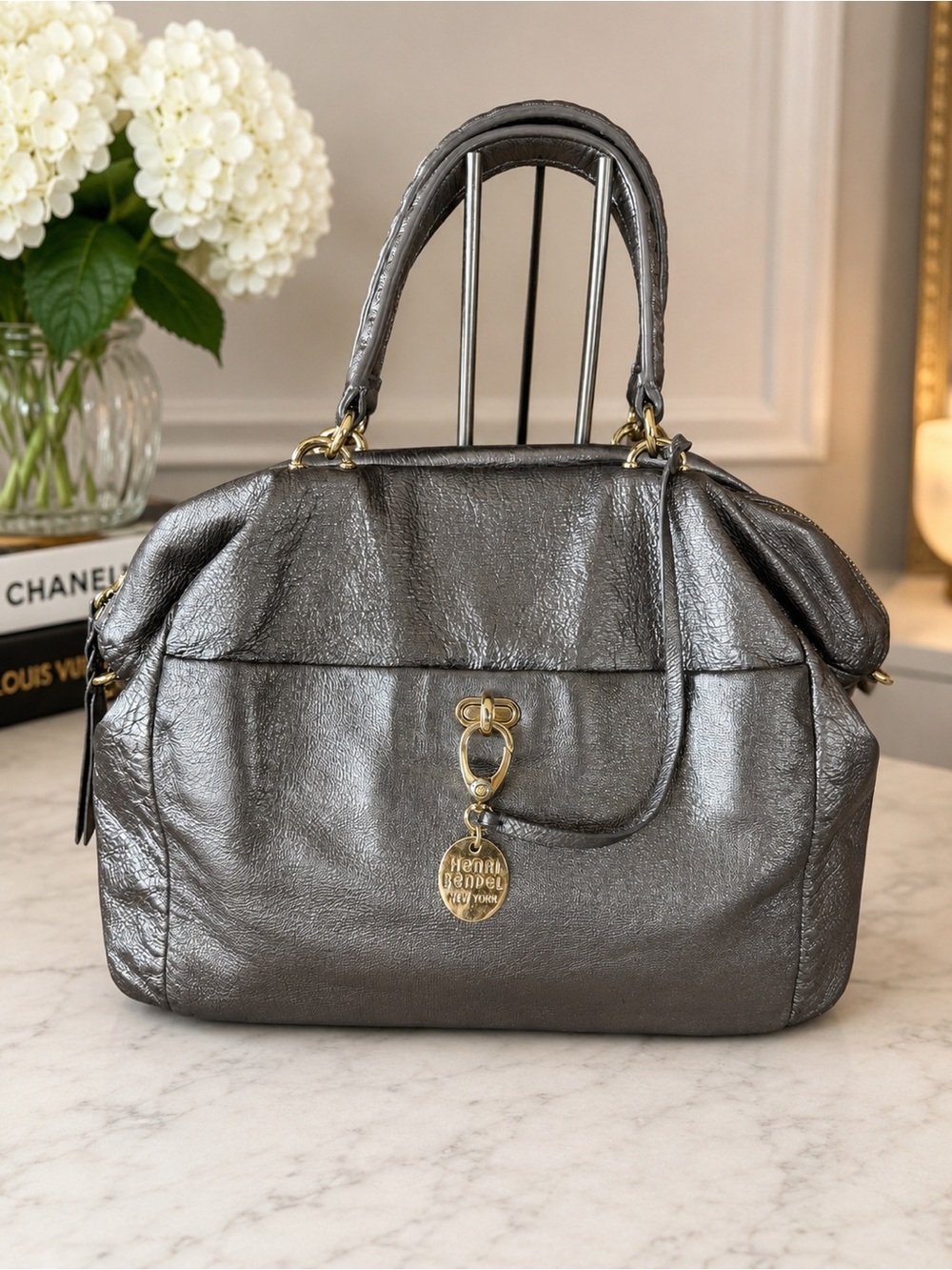 Henri Bendel Metallic Gunmetal Leather Satchel | Navy Satin Lining | Hangtag